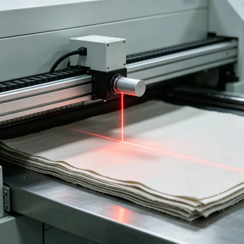 Red laser alignment for cutting machine bed positioning